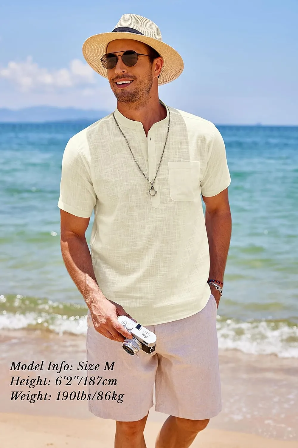 COOFANDY Men's Cotton Linen Henley Shirt Short Sleeve Hippie Casual Beach T-Shirts with Pocket