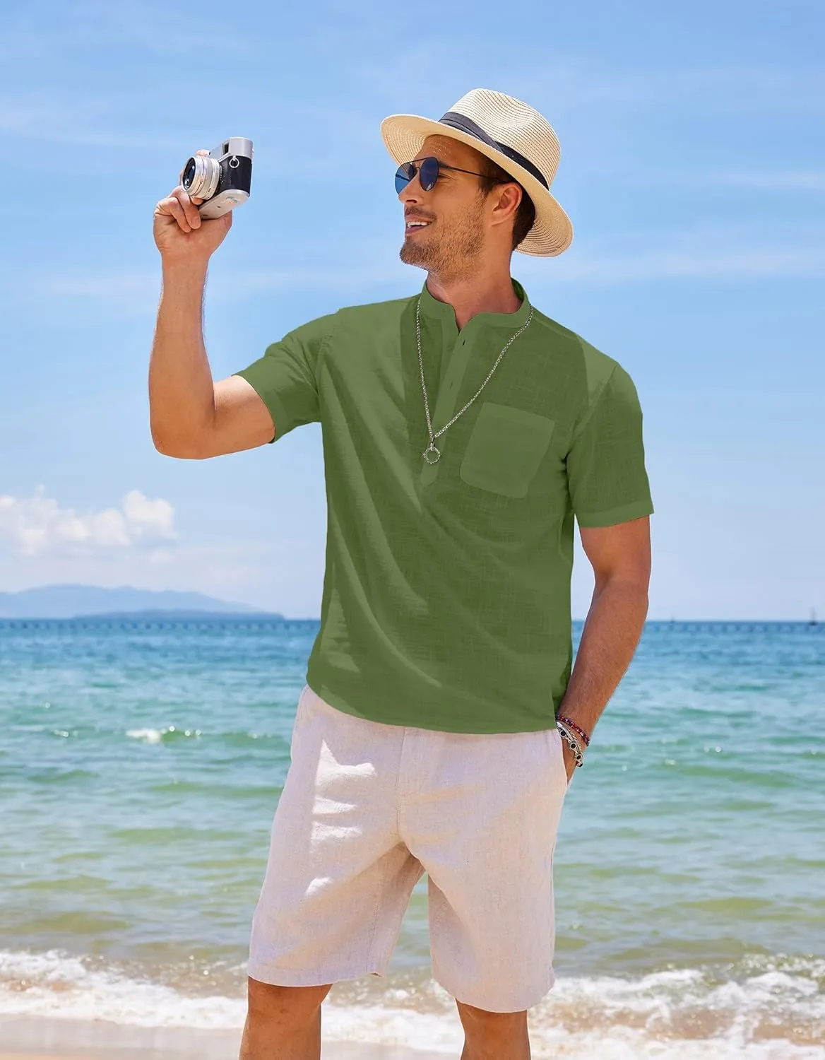 COOFANDY Men's Cotton Linen Henley Shirt Short Sleeve Hippie Casual Beach T-Shirts with Pocket
