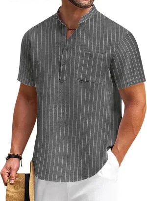 COOFANDY Men's Cotton Linen Henley Shirt Short Sleeve Hippie Casual Beach T-Shirts with Pocket