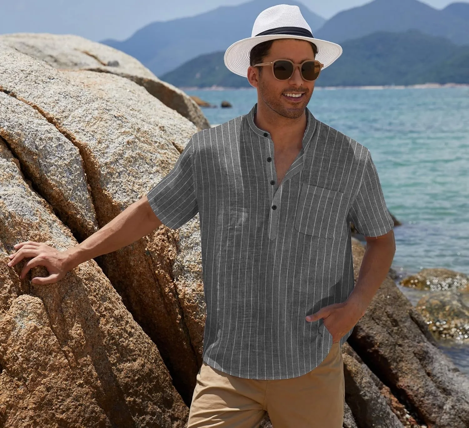 COOFANDY Men's Cotton Linen Henley Shirt Short Sleeve Hippie Casual Beach T-Shirts with Pocket