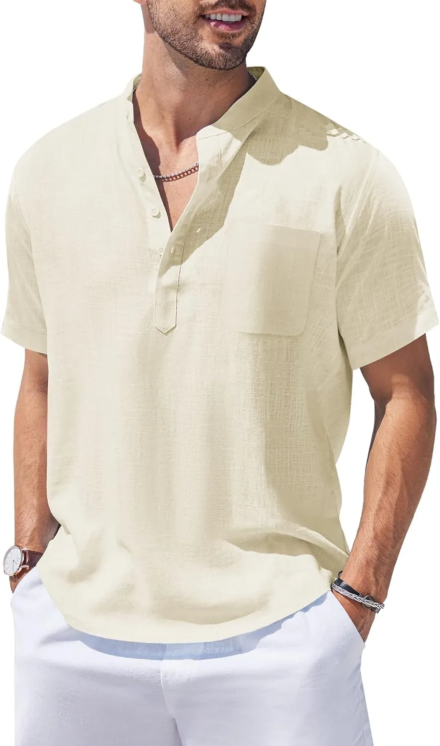 COOFANDY Men's Cotton Linen Henley Shirt Short Sleeve Hippie Casual Beach T-Shirts with Pocket
