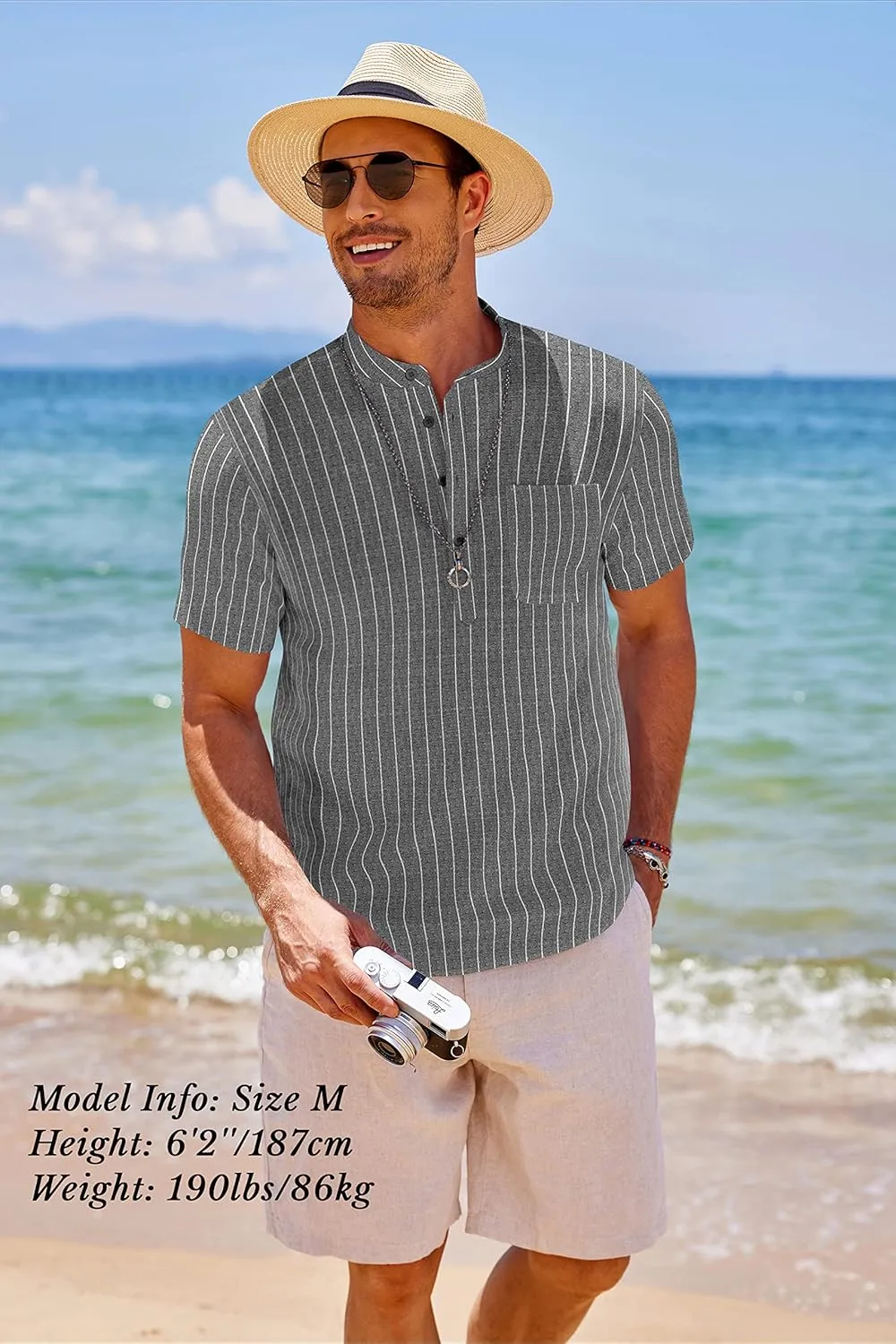 COOFANDY Men's Cotton Linen Henley Shirt Short Sleeve Hippie Casual Beach T-Shirts with Pocket