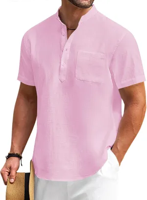 COOFANDY Men's Cotton Linen Henley Shirt Short Sleeve Hippie Casual Beach T-Shirts with Pocket