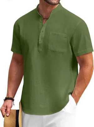 COOFANDY Men's Cotton Linen Henley Shirt Short Sleeve Hippie Casual Beach T-Shirts with Pocket