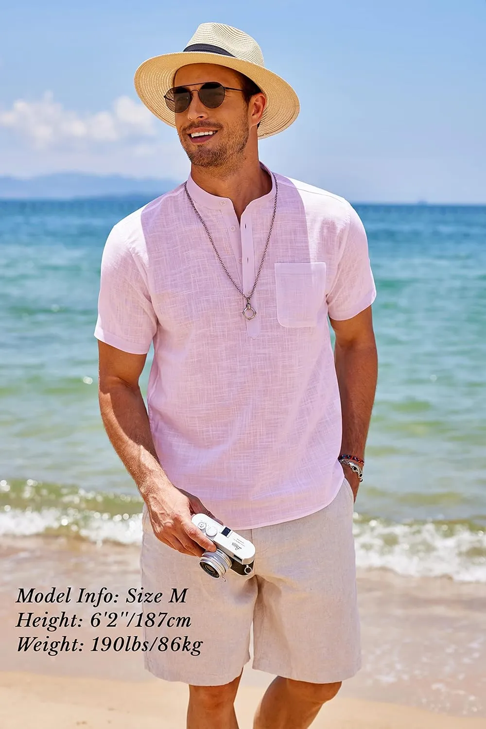 COOFANDY Men's Cotton Linen Henley Shirt Short Sleeve Hippie Casual Beach T-Shirts with Pocket