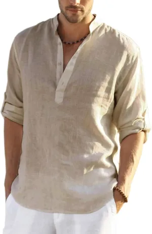 COOFANDY Men's Cotton Linen Henley T-Shirts Long Sleeve Hippie Casual Beach T-Shirts