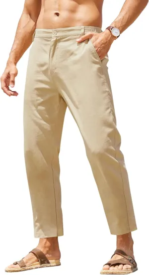 COOFANDY Men's Cotton Linen Pants Elastic Waist Lightweight Casual Pants Relaxed Fit Yoga Beach Pants with Pockets