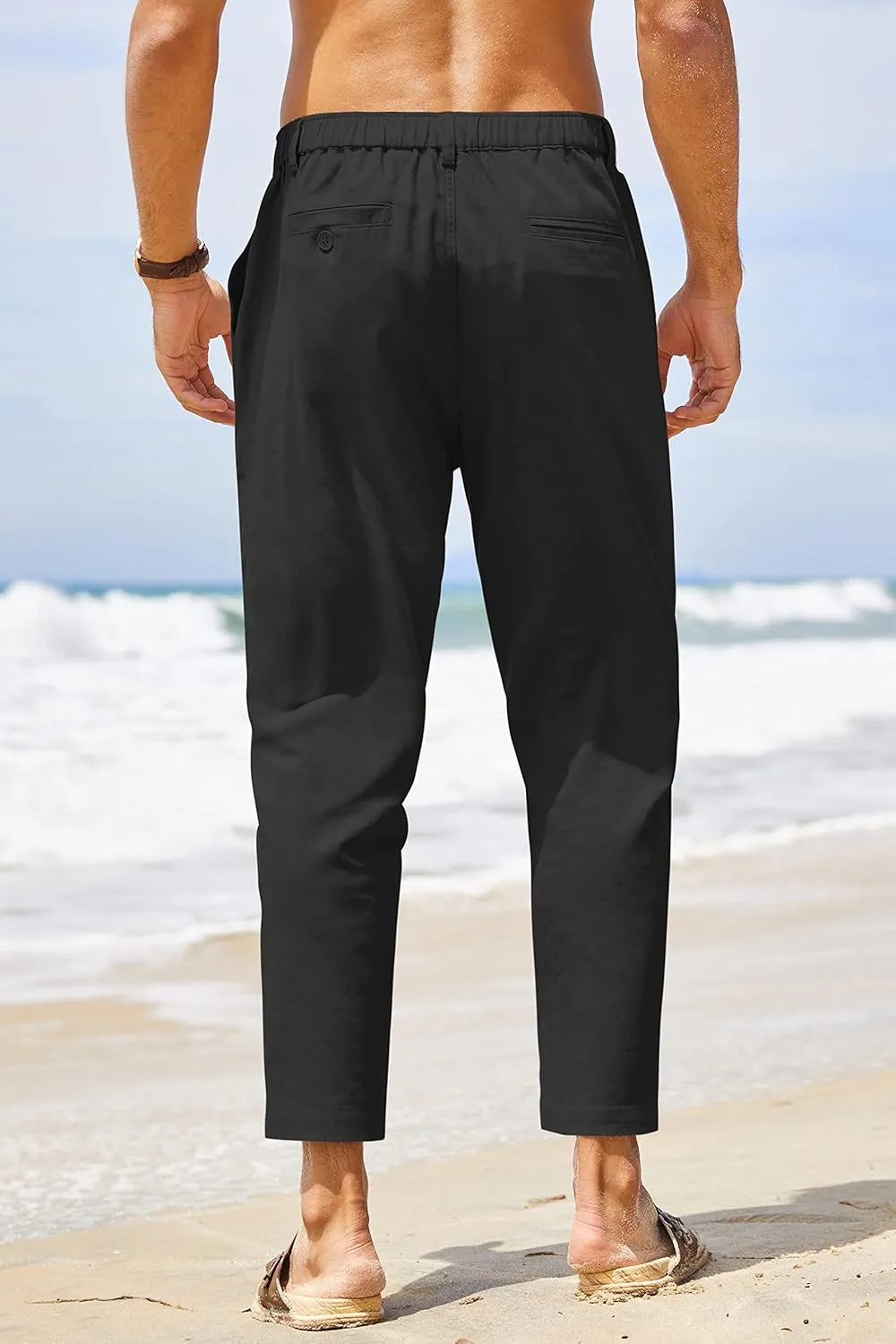 COOFANDY Men's Cotton Linen Pants Elastic Waist Lightweight Casual Pants Relaxed Fit Yoga Beach Pants with Pockets