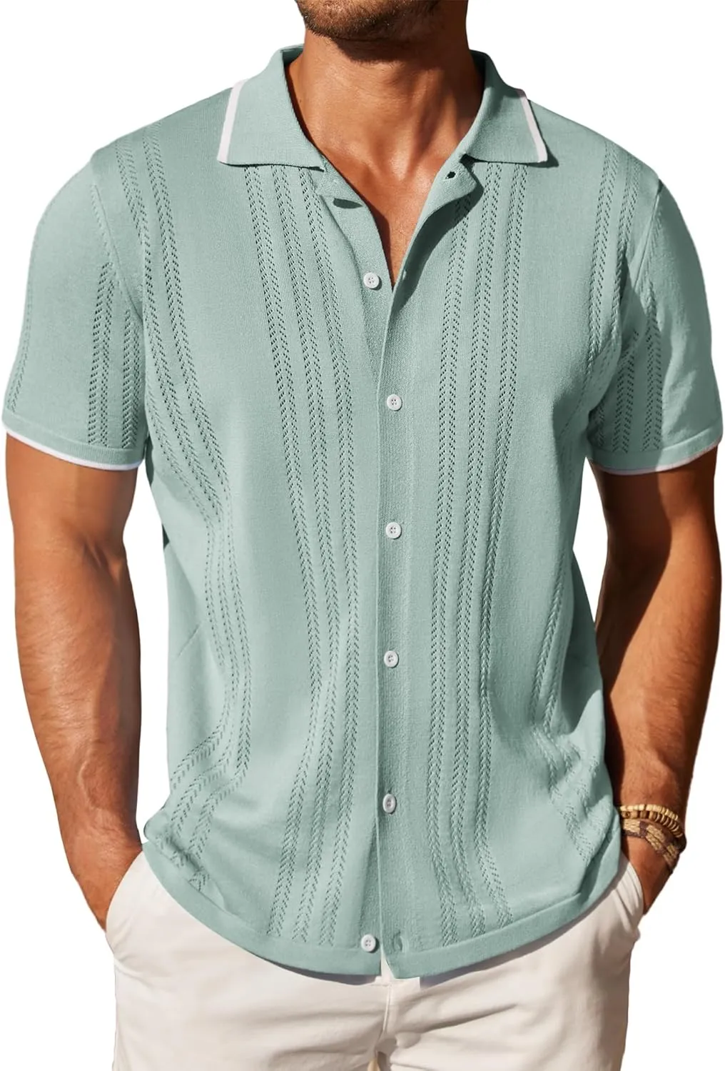 COOFANDY Men's Knit Button Down Shirt Vintage Short Sleeve Polo Shirts Casual Beach Tops