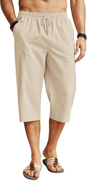 COOFANDY Men's Linen Capri Pants Casual Lightweight 3/4 Baggy Pants Drawstring Elastic Waist Beach Yoga Pants with Pockets