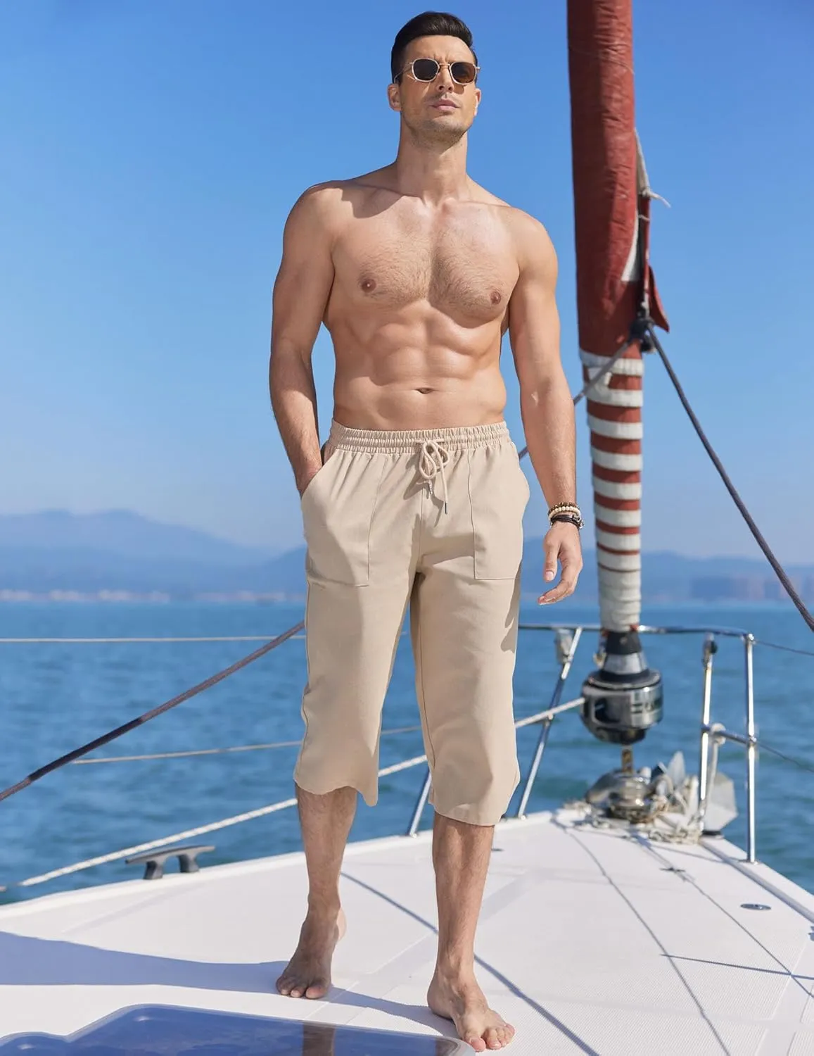 COOFANDY Men's Linen Capri Pants Casual Lightweight 3/4 Baggy Pants Drawstring Elastic Waist Beach Yoga Pants with Pockets
