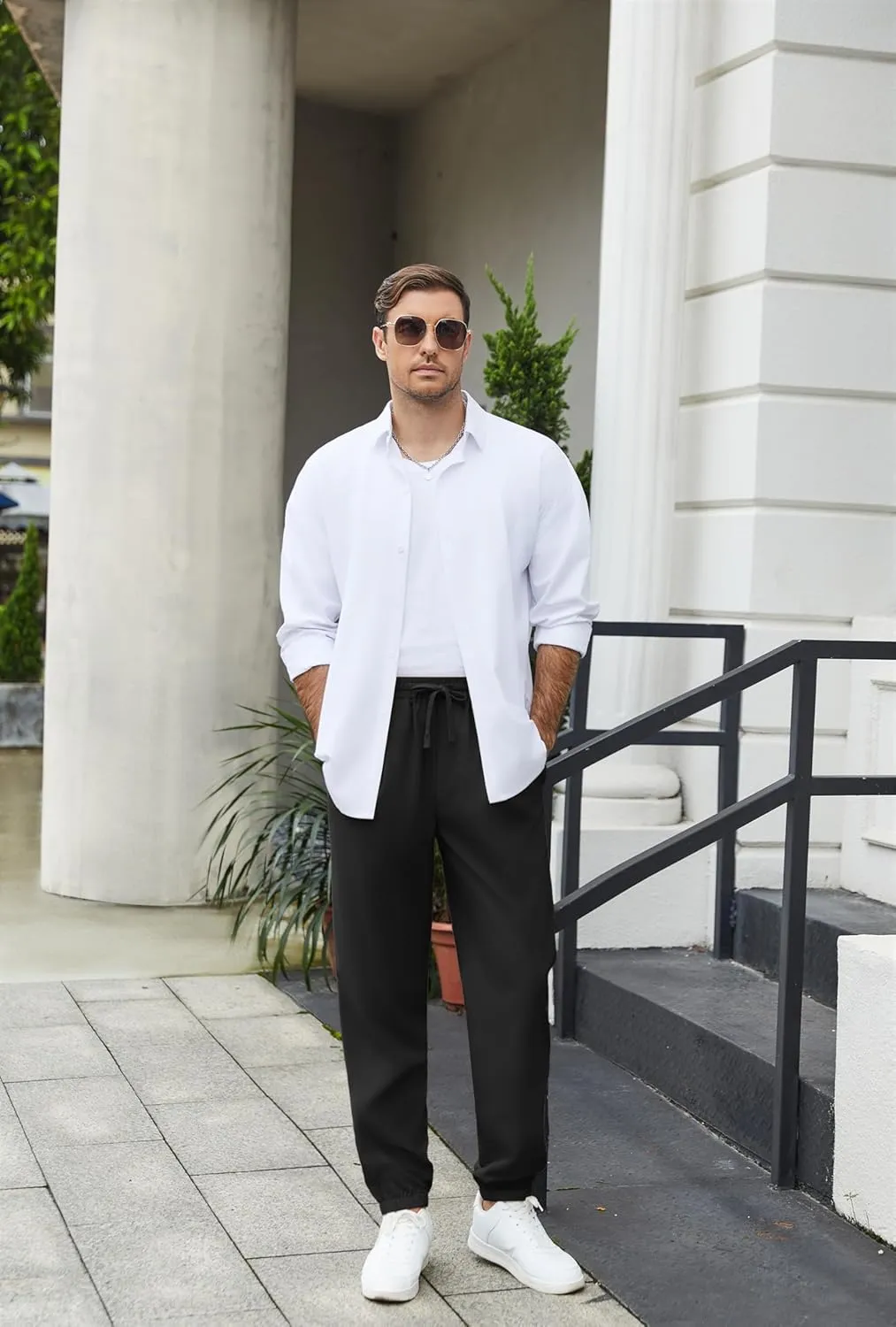 COOFANDY Men's Linen Casual Pants Lightweight Jogger Pants Elastic Waist Drawstring Yoga Beach Pants with Pockets