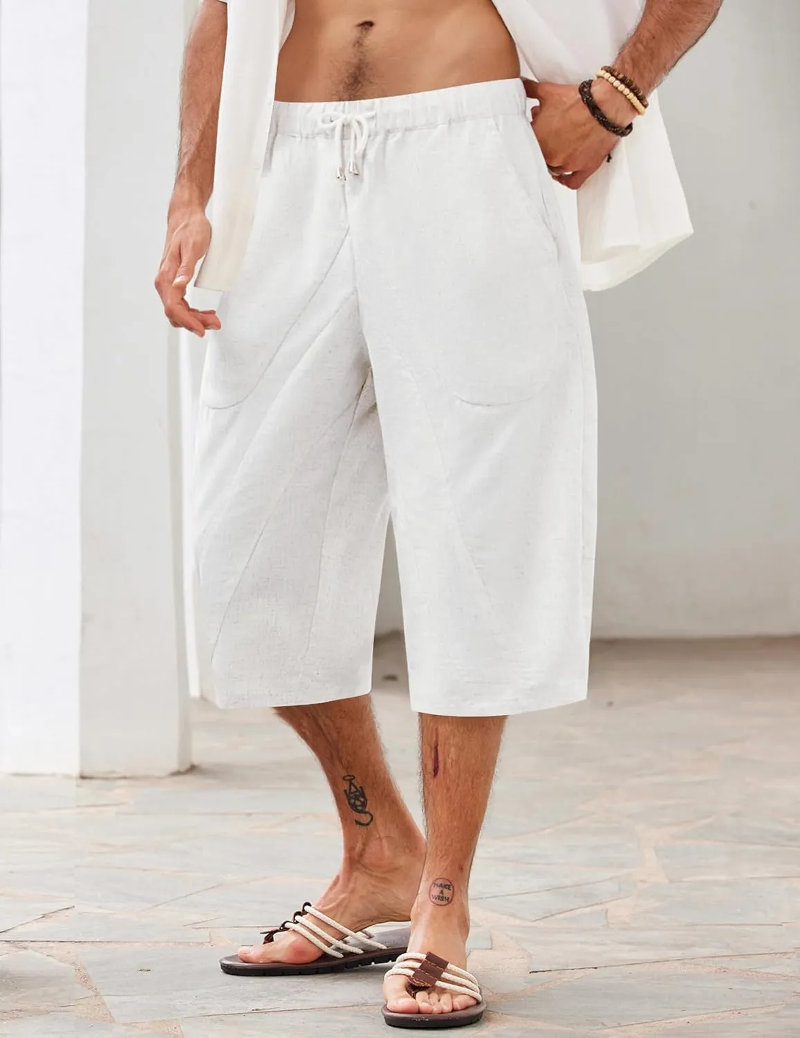 COOFANDY Men's Linen Harem Capri Pants Casual Lightweight Drawstring Yoga Pants Baggy 3/4 Beach Trousers