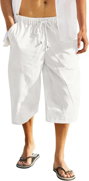 COOFANDY Men's Linen Harem Capri Pants Casual Lightweight Drawstring Yoga Pants Baggy 3/4 Beach Trousers