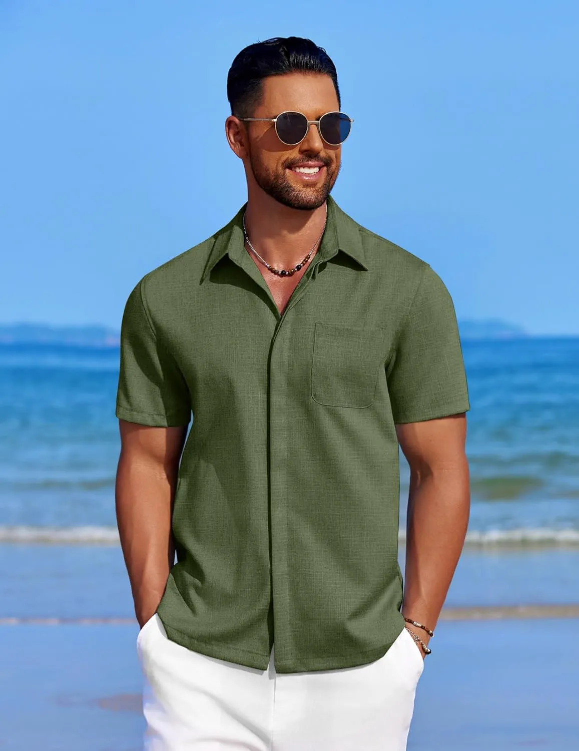 COOFANDY Mens Linen Shirt Casual Short Sleeve Button Down Shirt Summer Beach Vacation Wedding Wear