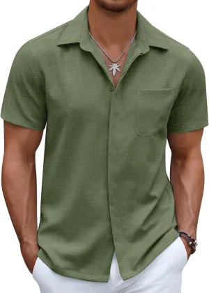 COOFANDY Mens Linen Shirt Casual Short Sleeve Button Down Shirt Summer Beach Vacation Wedding Wear