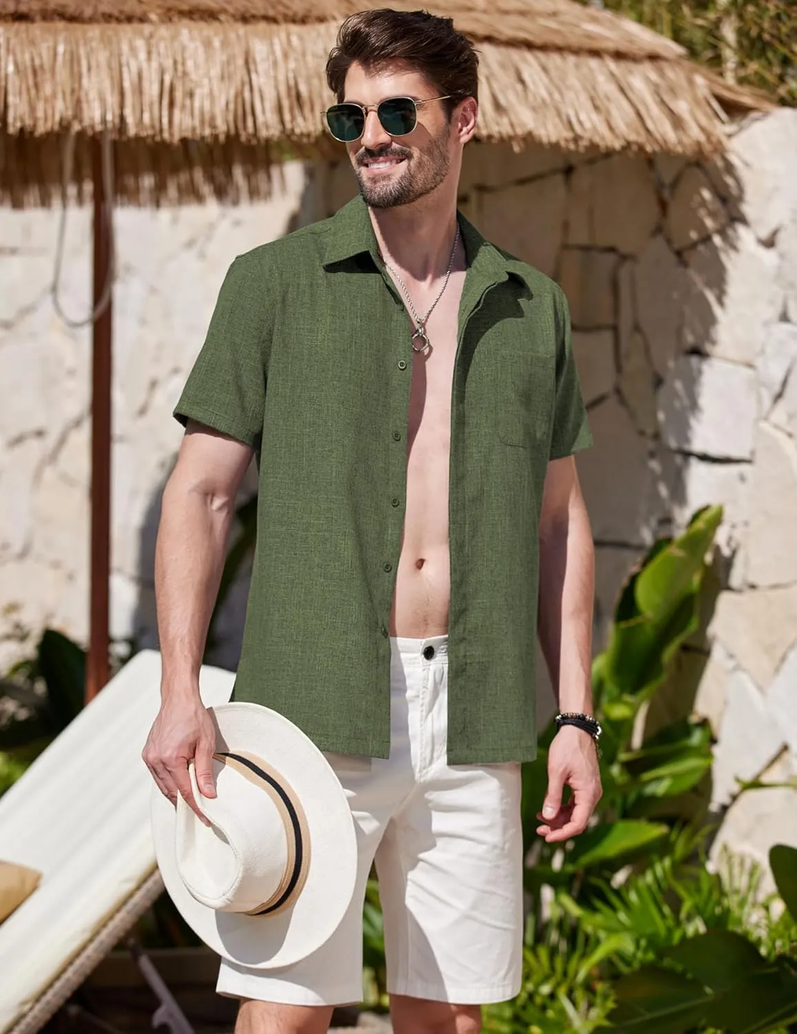 COOFANDY Mens Linen Shirt Casual Short Sleeve Button Down Shirt Summer Beach Vacation Wedding Wear