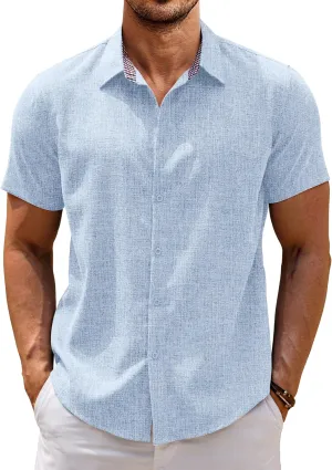 COOFANDY Mens Linen Shirt Casual Short Sleeve Button Down Shirts Summer Beach Vacation Tops