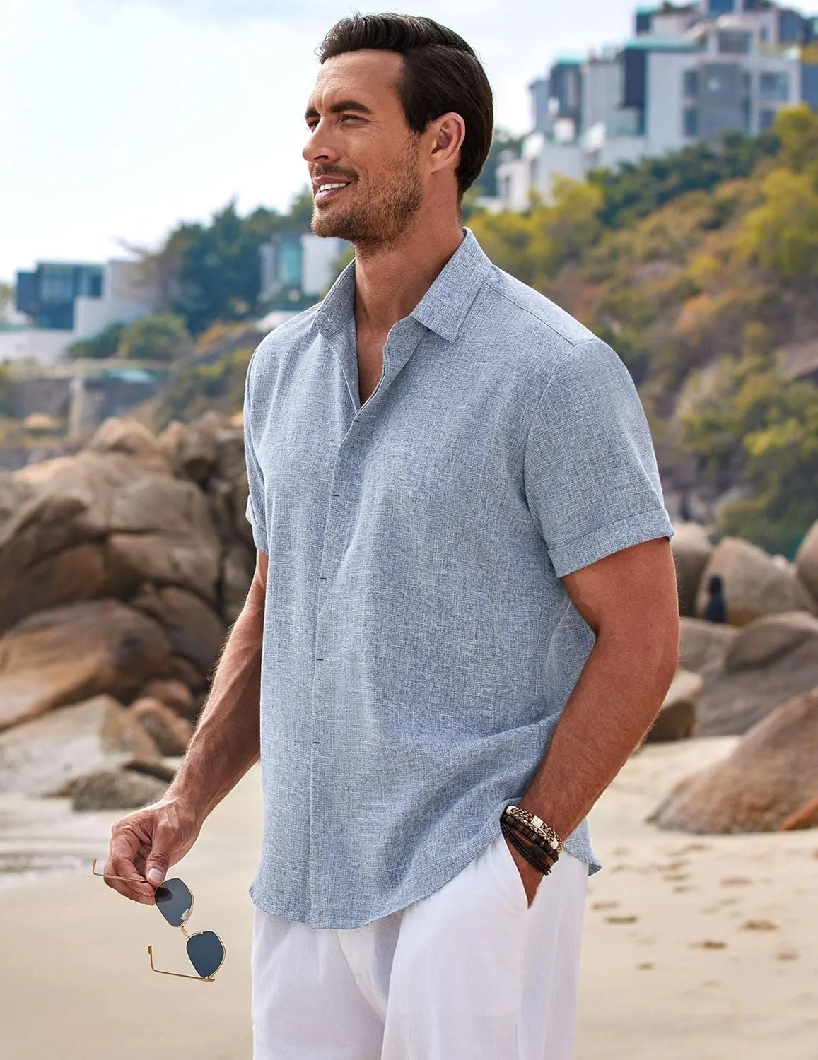 COOFANDY Men's Linen Shirts Short Sleeve Casual Shirts Button Down Shirt for Men Beach Summer Wedding Shirt