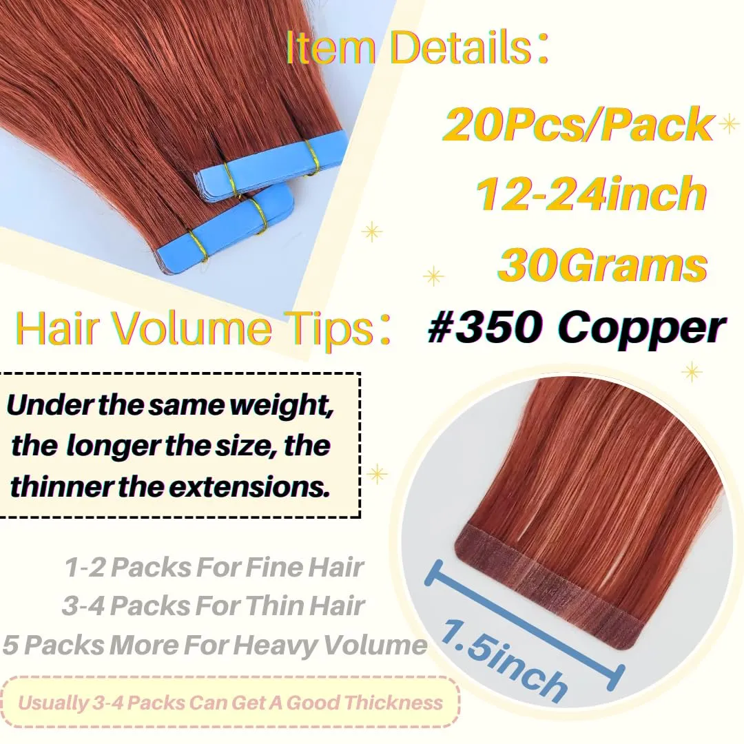 Copper Tape in Hair Extensions Human Hair Invisible 16 Inch Tape in Human Hair Extensions for Women