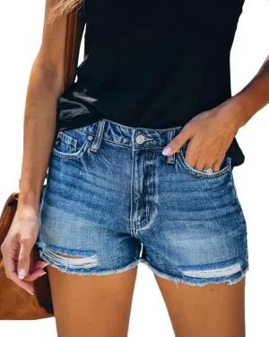 cordat Women's Mid Rise Ripped Stretchy Jeans Shorts Frayed Raw Hem Casual Denim Shorts