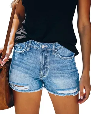 cordat Women's Mid Rise Ripped Stretchy Jeans Shorts Frayed Raw Hem Casual Denim Shorts