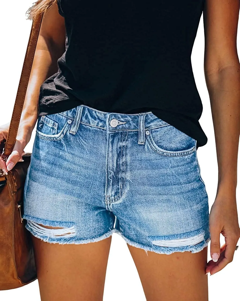 cordat Women's Mid Rise Ripped Stretchy Jeans Shorts Frayed Raw Hem Casual Denim Shorts