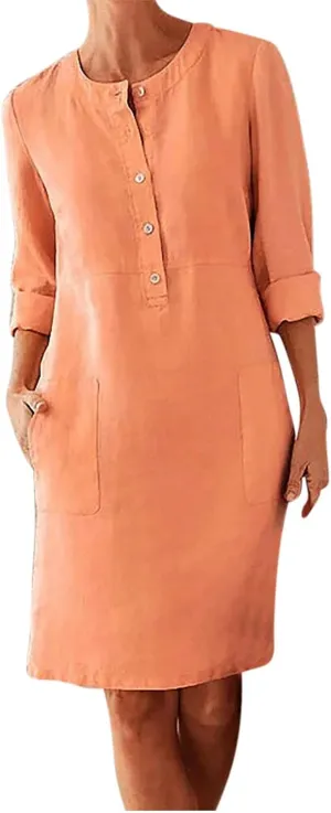 Cotton Linen Dresses for Women 2024 Fall Long Sleeve Solid Button Down Dress Semi Formal Pullover Top Linen Dresses