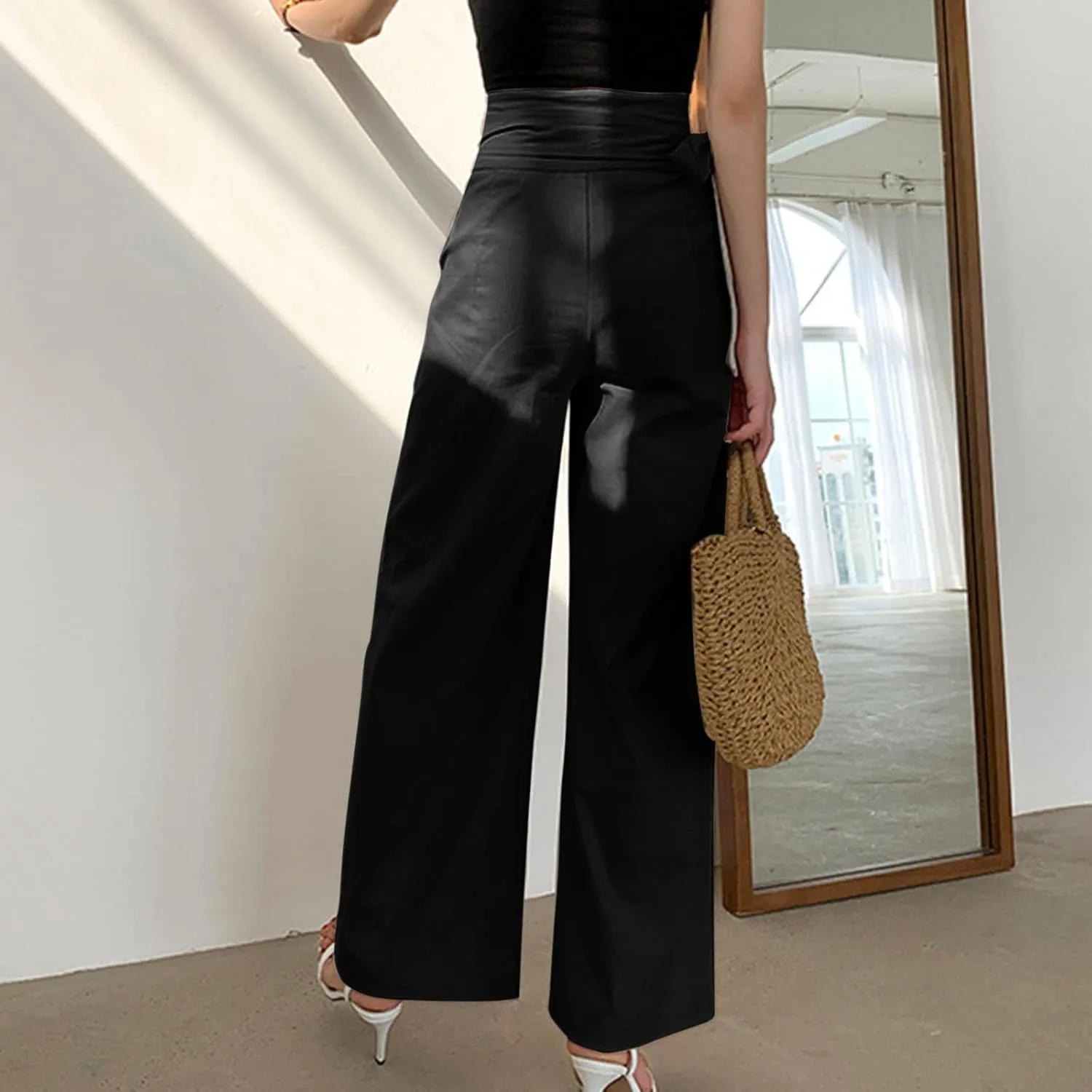 Cotton Linen Palazzo Pants for Women Fashion Side Paperbag Wide Leg Pants Casual Loose Elegant Solid Irregular Trousers