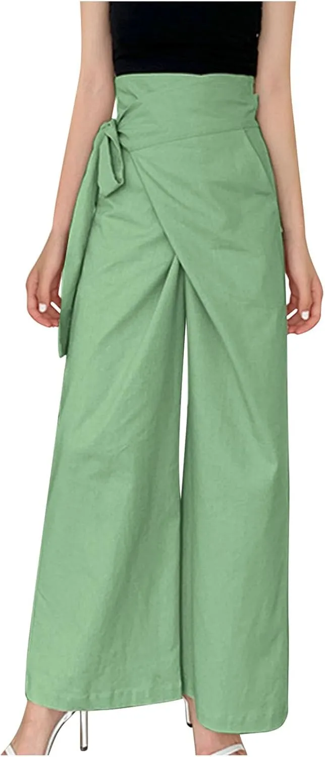 Cotton Linen Palazzo Pants for Women Fashion Side Paperbag Wide Leg Pants Casual Loose Elegant Solid Irregular Trousers
