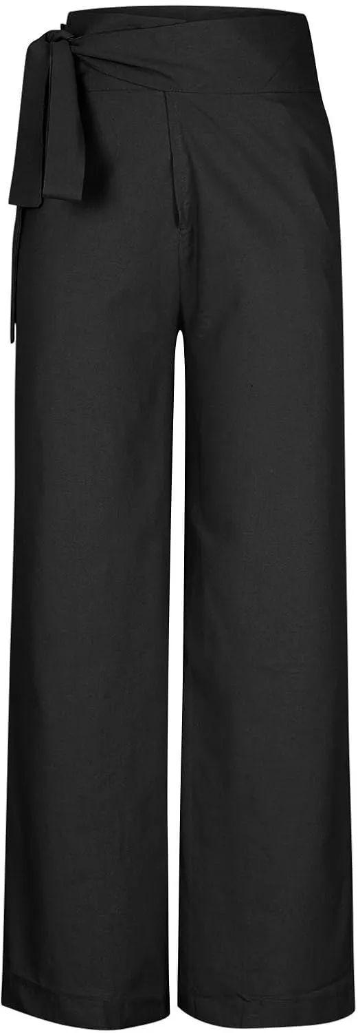 Cotton Linen Palazzo Pants for Women Fashion Side Paperbag Wide Leg Pants Casual Loose Elegant Solid Irregular Trousers