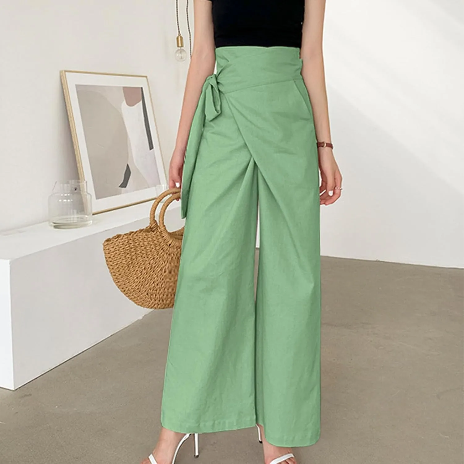 Cotton Linen Palazzo Pants for Women Fashion Side Paperbag Wide Leg Pants Casual Loose Elegant Solid Irregular Trousers