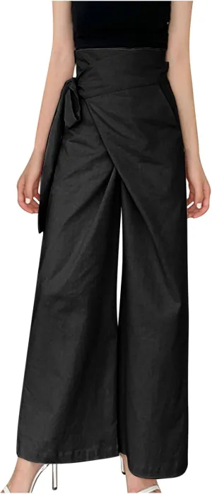 Cotton Linen Palazzo Pants for Women Fashion Side Paperbag Wide Leg Pants Casual Loose Elegant Solid Irregular Trousers