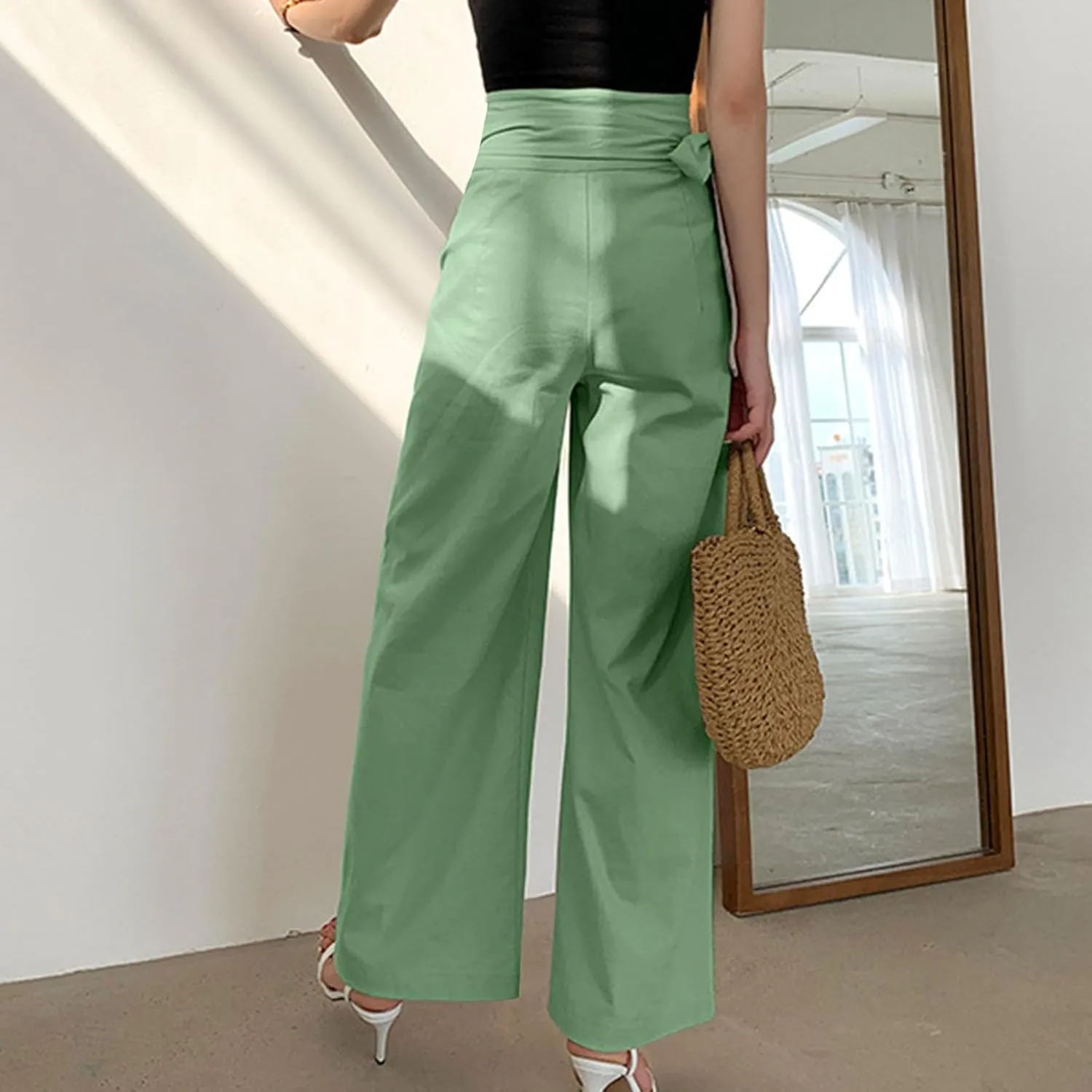 Cotton Linen Palazzo Pants for Women Fashion Side Paperbag Wide Leg Pants Casual Loose Elegant Solid Irregular Trousers