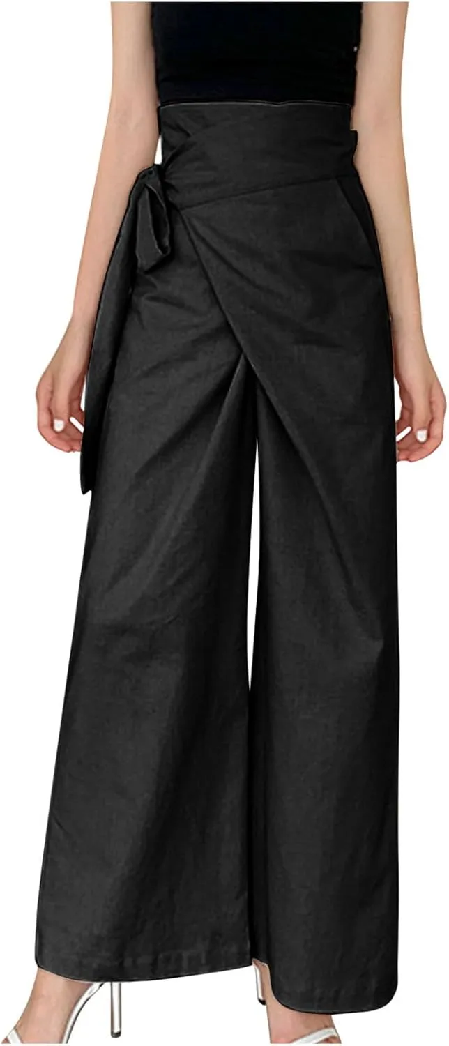 Cotton Linen Palazzo Pants for Women Fashion Side Paperbag Wide Leg Pants Casual Loose Elegant Solid Irregular Trousers