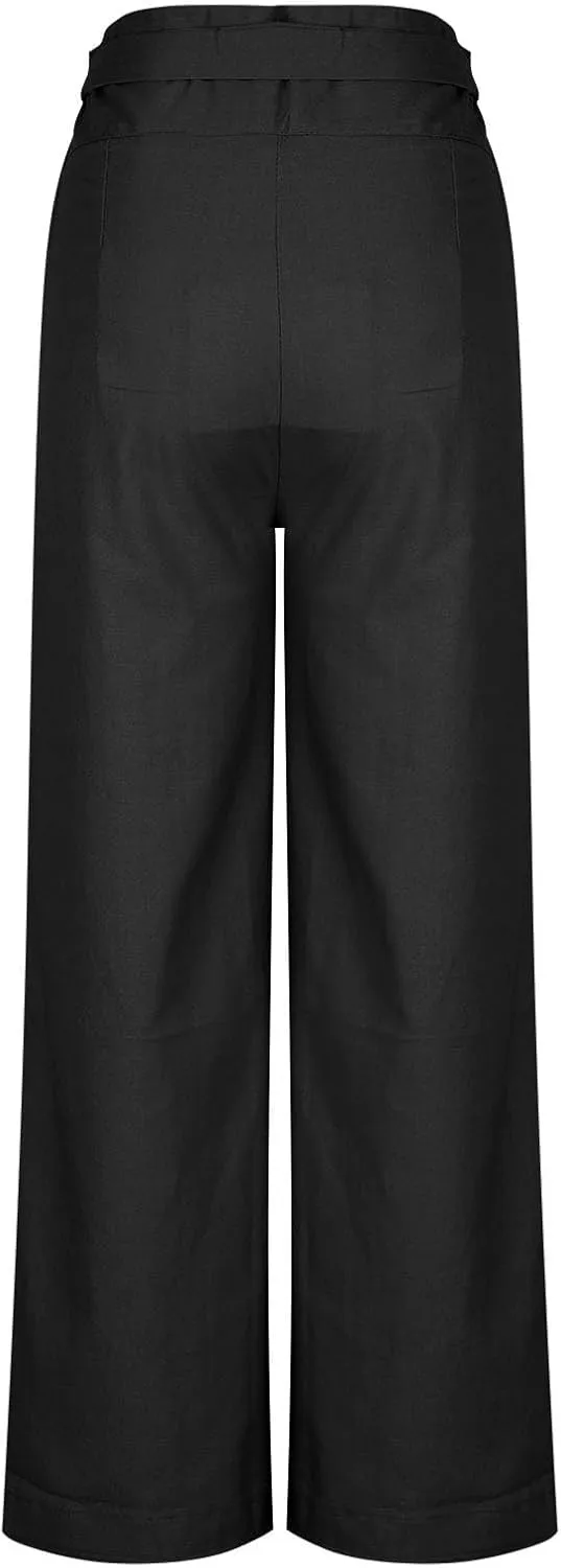 Cotton Linen Palazzo Pants for Women Fashion Side Paperbag Wide Leg Pants Casual Loose Elegant Solid Irregular Trousers