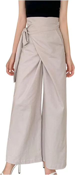 Cotton Linen Palazzo Pants for Women Fashion Side Paperbag Wide Leg Pants Casual Loose Elegant Solid Irregular Trousers