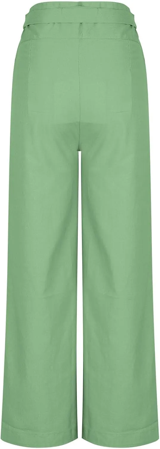 Cotton Linen Palazzo Pants for Women Fashion Side Paperbag Wide Leg Pants Casual Loose Elegant Solid Irregular Trousers