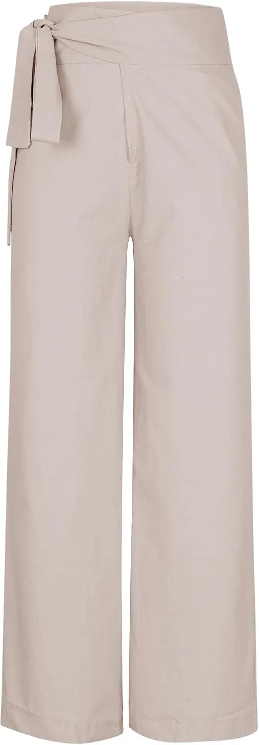 Cotton Linen Palazzo Pants for Women Fashion Side Paperbag Wide Leg Pants Casual Loose Elegant Solid Irregular Trousers