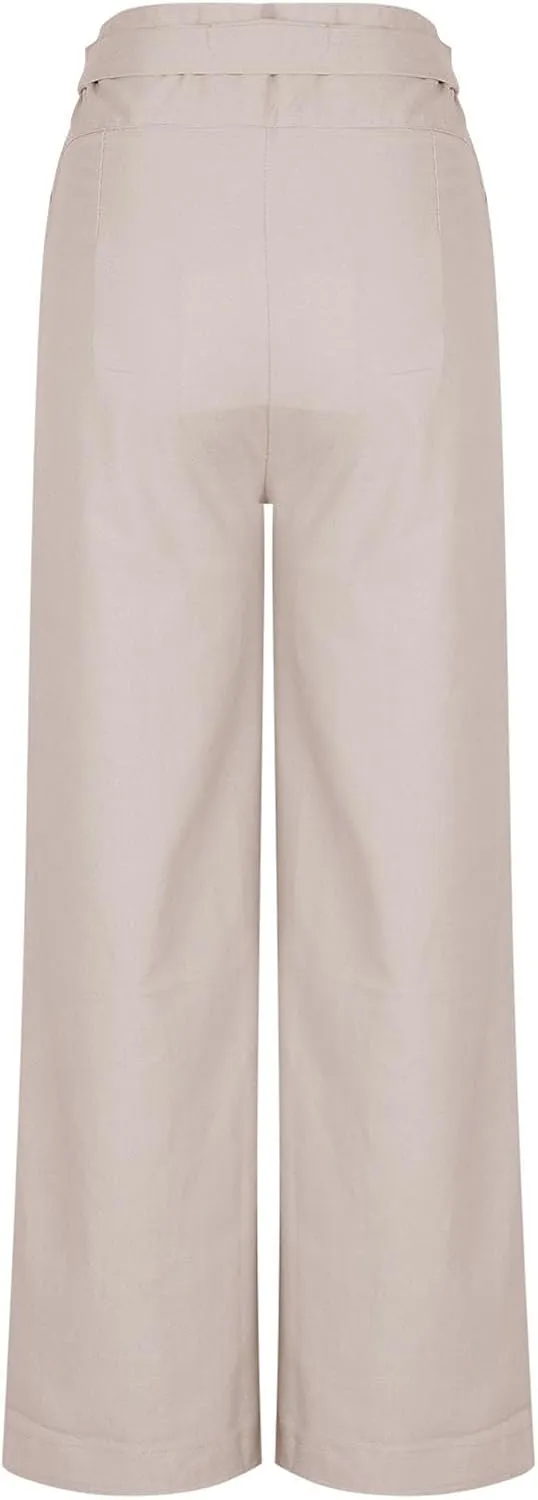 Cotton Linen Palazzo Pants for Women Fashion Side Paperbag Wide Leg Pants Casual Loose Elegant Solid Irregular Trousers