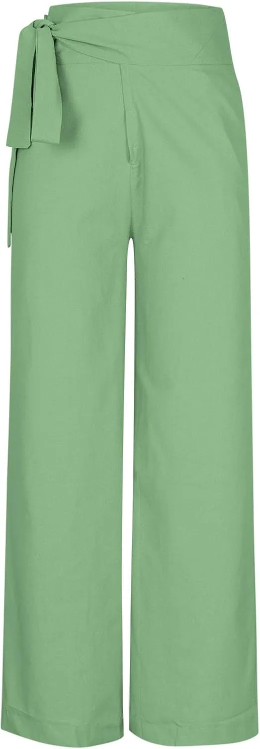 Cotton Linen Palazzo Pants for Women Fashion Side Paperbag Wide Leg Pants Casual Loose Elegant Solid Irregular Trousers