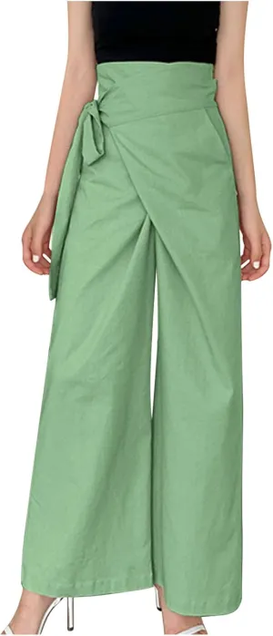 Cotton Linen Palazzo Pants for Women Fashion Side Paperbag Wide Leg Pants Casual Loose Elegant Solid Irregular Trousers