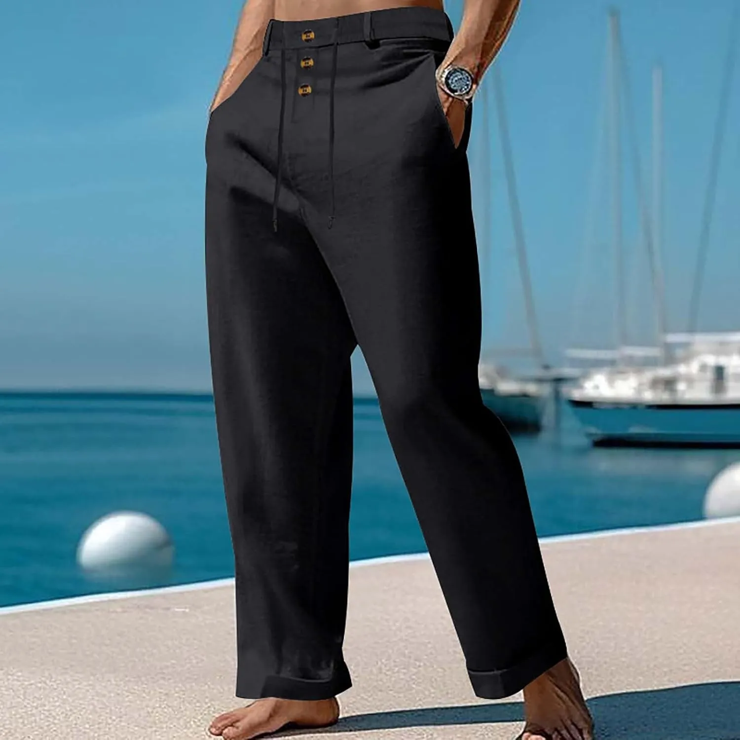 Cotton Linen Pants for Men Elastic Waist Button Down Casual Lightweight Loose Fit Trousers Summer Beach Yoga Pants