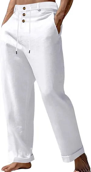Cotton Linen Pants for Men Elastic Waist Button Down Casual Lightweight Loose Fit Trousers Summer Beach Yoga Pants