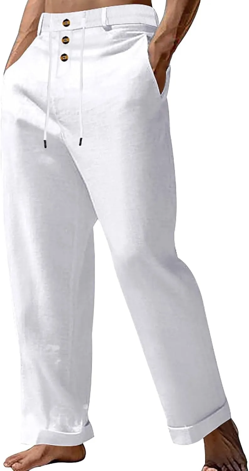 Cotton Linen Pants for Men Elastic Waist Button Down Casual Lightweight Loose Fit Trousers Summer Beach Yoga Pants