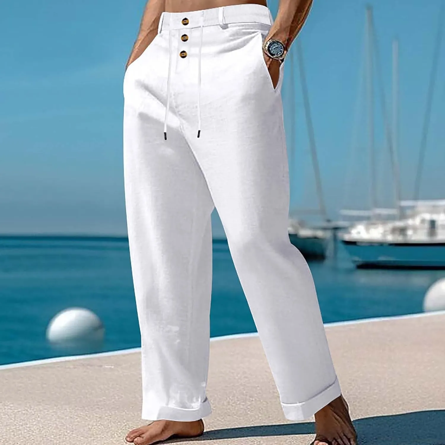 Cotton Linen Pants for Men Elastic Waist Button Down Casual Lightweight Loose Fit Trousers Summer Beach Yoga Pants