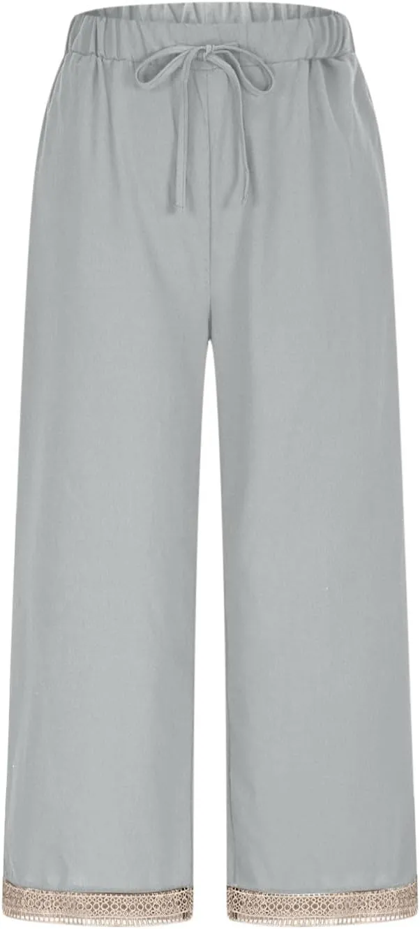 Cotton Linen Pants for Women 2025 Wide Leg Capri Palazzo Lounge Trousers High Waist Drawstring Flowy Pant