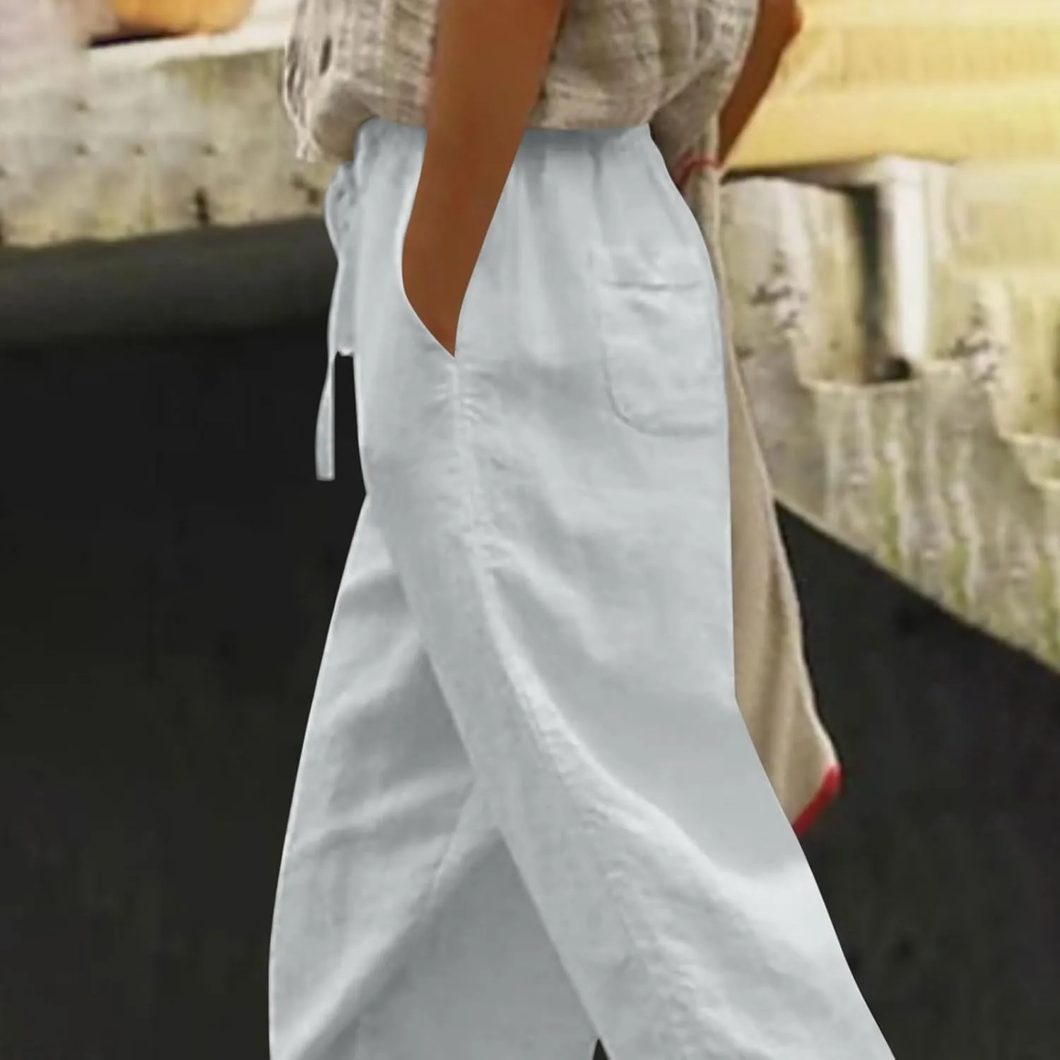 Cotton Linen Pants for Women 2025 Wide Leg Capri Palazzo Lounge Trousers High Waist Drawstring Flowy Pant