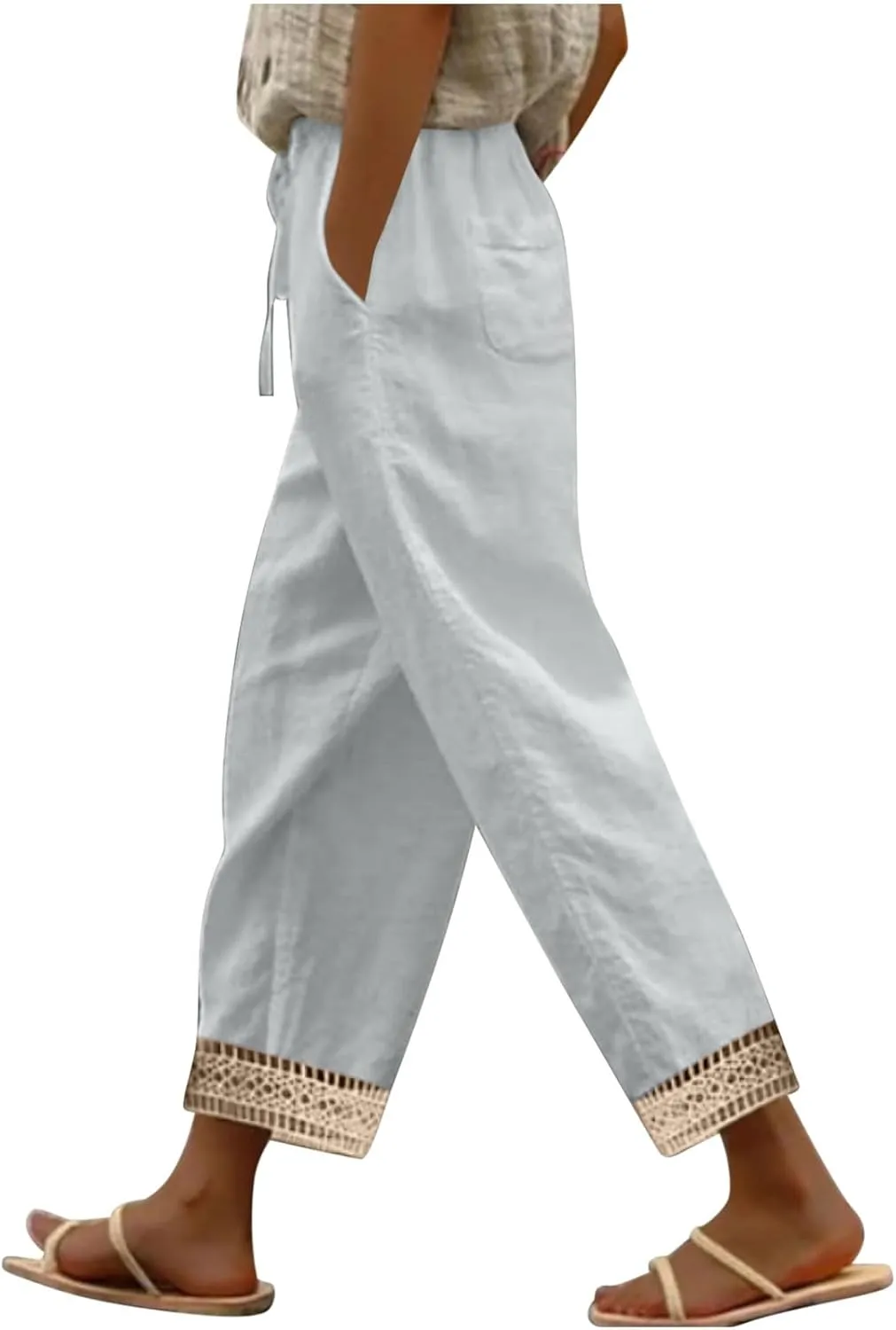Cotton Linen Pants for Women 2025 Wide Leg Capri Palazzo Lounge Trousers High Waist Drawstring Flowy Pant