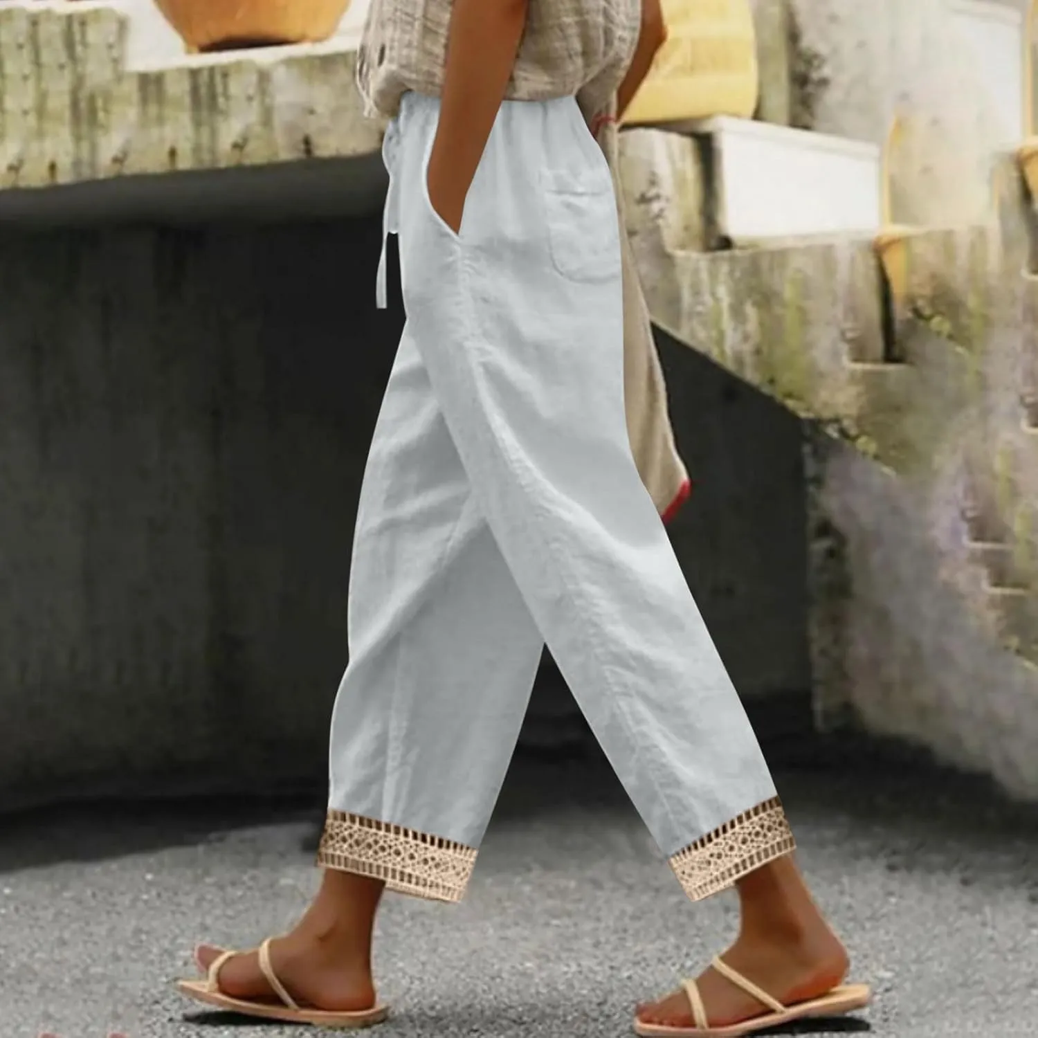 Cotton Linen Pants for Women 2025 Wide Leg Capri Palazzo Lounge Trousers High Waist Drawstring Flowy Pant